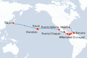 carte itinéraire croisière Asie 38 jours au départ du port de Miami