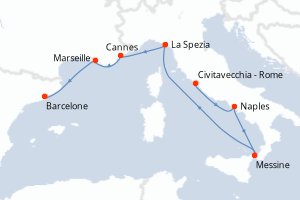 carte itinéraire croisière Sicile 7 jours au départ du port de Civitavecchia - Rome