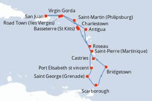 Carte itinéraire croisière Porto Rico, Royaume-Uni, Antigua-et-Barbuda, France, Saint Vincent-et-les-Grenadines, Grenade, Trinité-et-Tobago, Barbade, Sainte-Lucie, Dominique, Pays-Bas - 14 jours au départ de San Juan - Caraïbes Bahamas