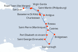 Carte itinéraire croisière Barbade, Sainte-Lucie, Dominique, Royaume-Uni, Pays-Bas, Porto Rico, Antigua-et-Barbuda, France, Saint Vincent-et-les-Grenadines, Grenade, Trinité-et-Tobago - 14 jours au départ de Bridgetown - Caraïbes Bahamas