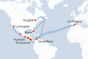 Carte de l'itinéraire de croisière Miami-Los Angeles d'une durée de 17 jours