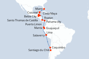 carte itinéraire croisière Amérique du Sud 22 jours au départ du port de Miami