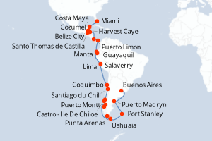 carte itinéraire croisière Amérique du Sud 42 jours au départ du port de Miami