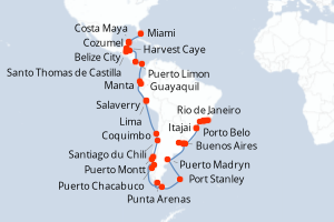 carte itinéraire croisière Amérique du Sud 54 jours au départ du port de Miami