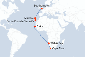carte itinéraire croisière Europe du Nord 20 jours au départ du port de Cape Town