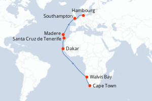 carte itinéraire croisière Europe du Nord 22 jours au départ du port de Cape Town