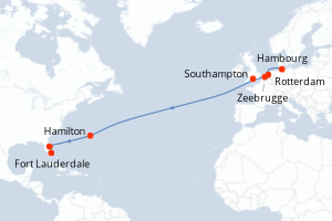 carte itinéraire croisière Transatlantique 17 jours au départ du port de Hambourg