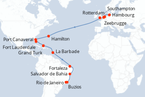 carte itinéraire croisière Transatlantique 34 jours au départ du port de Hambourg