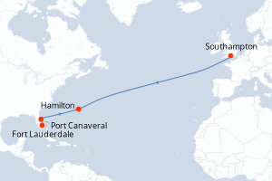 Carte de l'itinéraire de croisière Southampton-Fort Lauderdale d'une durée de 12 jours