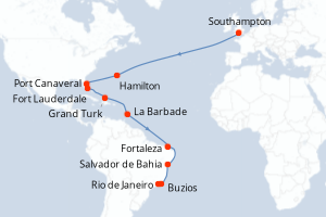 Carte de l'itinéraire de croisière Southampton-Rio de Janeiro d'une durée de 29 jours