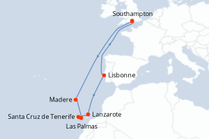 Carte itinéraire croisière Espagne, Portugal, Royaume-Uni - 12 jours au départ de Southampton - Europe du Nord