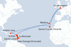 Carte de l'itinéraire de croisière Southampton-Southampton d'une durée de 34 jours