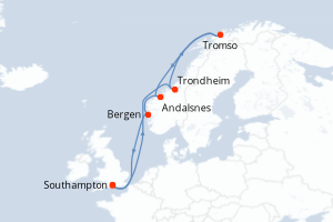 Carte de l'itinéraire de croisière Southampton-Southampton d'une durée de 12 jours