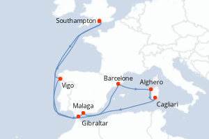 carte itinéraire croisière Europe du Nord 14 jours au départ du port de Southampton