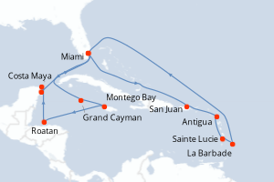 carte itinéraire croisière Caraïbes Bahamas 21 jours au départ du port de Miami