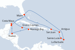 carte itinéraire croisière Caraïbes Bahamas 21 jours au départ du port de Miami