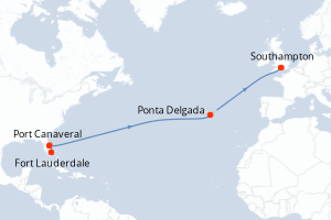 Carte de l'itinéraire de croisière Fort Lauderdale-Southampton d'une durée de 14 jours