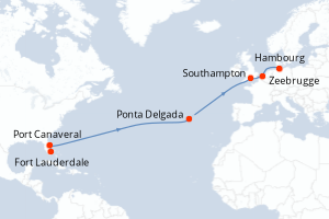 carte itinéraire croisière Transatlantique 17 jours au départ du port de Fort Lauderdale