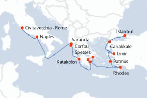 carte itinéraire croisière Méditerranée 14 jours au départ du port de Istanbul