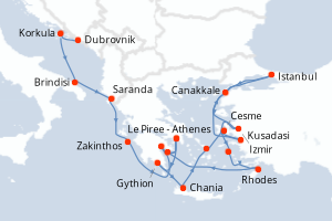 carte itinéraire croisière Méditerranée 21 jours au départ du port de Dubrovnik