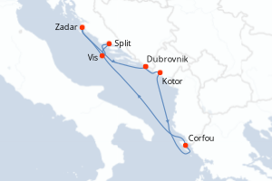 carte itinéraire croisière Adriatique 7 jours au départ du port de Dubrovnik