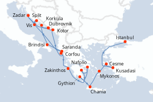 carte itinéraire croisière Méditerranée 21 jours au départ du port de Dubrovnik