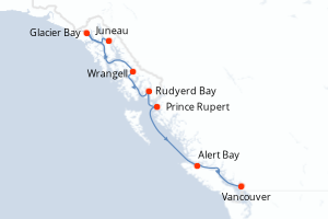 Carte de l'itinéraire de croisière Juneau-Vancouver d'une durée de 7 jours