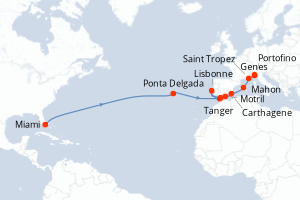 carte itinéraire croisière Transatlantique 24 jours au départ du port de Miami
