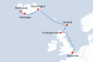 carte itinéraire croisière Europe du Nord 7 jours au départ du port de Reykjavik
