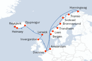 carte itinéraire croisière Fjörds norvégiens 21 jours au départ du port de Reykjavik