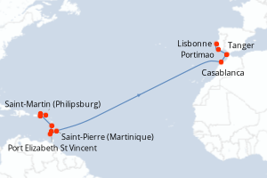 carte itinéraire croisière Transatlantique 20 jours au départ du port de Saint-Martin (Philipsburg)