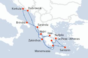 carte itinéraire croisière Méditerranée 14 jours au départ du port de Le Piree - Athenes