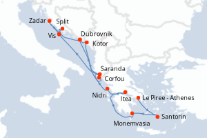 carte itinéraire croisière Adriatique 14 jours au départ du port de Le Piree - Athenes