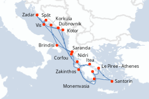 carte itinéraire croisière Méditerranée 21 jours au départ du port de Le Piree - Athenes