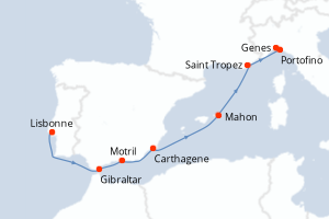 carte itinéraire croisière Méditerranée 10 jours au départ du port de Lisbonne