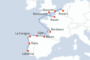carte itinéraire croisière Europe du Nord 15 jours au départ du port de Lisbonne