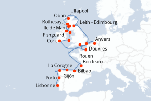 carte itinéraire croisière Europe du Nord 29 jours au départ du port de Lisbonne