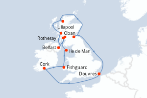Carte de l'itinéraire de croisière Douvres-Douvres d'une durée de 14 jours