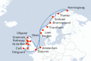 Carte de l'itinéraire de croisière Douvres-Douvres d'une durée de 28 jours