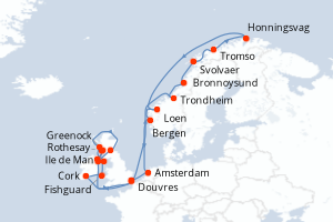 carte itinéraire croisière Fjörds norvégiens 28 jours au départ du port de Douvres