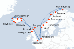 carte itinéraire croisière Fjörds norvégiens 28 jours au départ du port de Douvres