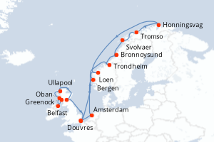 carte itinéraire croisière Fjörds norvégiens 21 jours au départ du port de Greenock