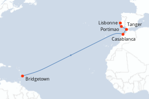 carte itinéraire croisière Transatlantique 13 jours au départ du port de Bridgetown