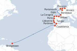 carte itinéraire croisière Transatlantique 28 jours au départ du port de Bridgetown