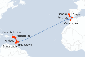 carte itinéraire croisière Transatlantique 27 jours au départ du port de Bridgetown
