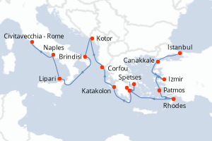 carte itinéraire croisière Méditerranée 16 jours au départ du port de Istanbul