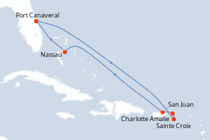 carte itinéraire croisière Caraïbes Bahamas 8 jours au départ du port de Port Canaveral