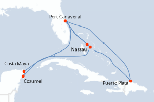 carte itinéraire croisière Caraïbes Bahamas 14 jours au départ du port de Port Canaveral
