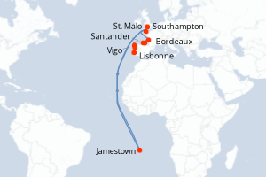 Carte de l'itinéraire de croisière Southampton-Lisbonne d'une durée de 12 jours