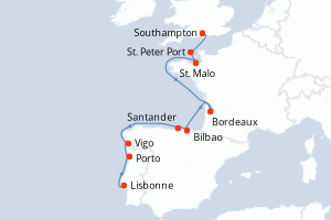 Carte de l'itinéraire de croisière Southampton-Lisbonne d'une durée de 12 jours